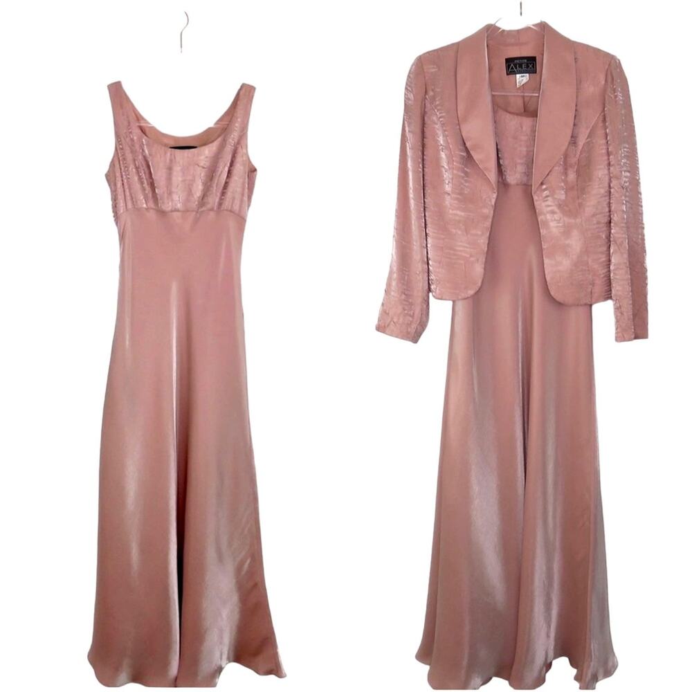 Alex Evenings Vintage Formal Blush Pink Satin Maxi Dress Blazer Set Medium 8P - Picture 8 of 9